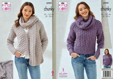 King Cole Chunky Knitting Pattern - 6503 Ladies Cardigan, Sweater, Scarf & Cowl (4 Designs)