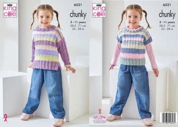 King Cole Chunky Knitting Pattern - 6521 Children's Sweater & Tank Top (2 Designs)