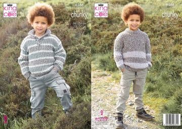 King Cole Chunky Knitting Pattern - 6566 Children's Sweaters (2 Designs)