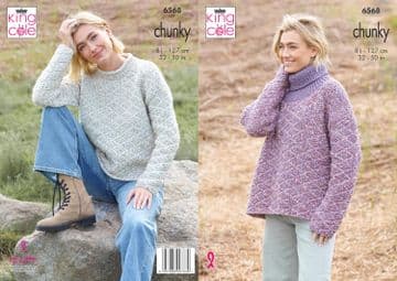 King Cole Chunky Knitting Pattern - 6568 Ladies Sweaters (2 Designs)