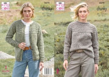 King Cole Chunky Knitting Pattern - 6570 Ladies Cardigan & Sweater (2 Designs)