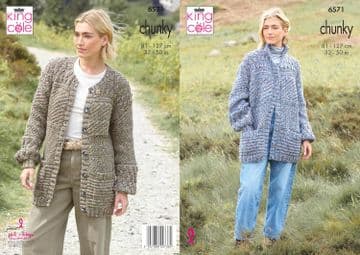 King Cole Chunky Knitting Pattern - 6571 Ladies Cardigan/Jackets (2 Designs)