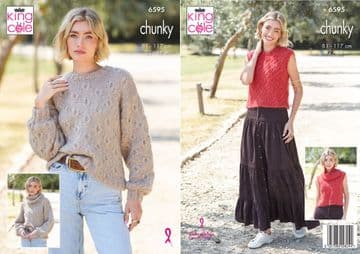 King Cole Chunky Knitting Pattern - 6595 Ladies Sweater, Summer Top & Cowls