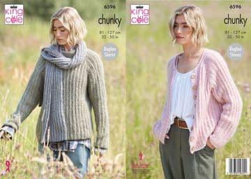 King Cole Chunky Knitting Pattern - 6596 Ladies Sweater, Cardigan & Scarf