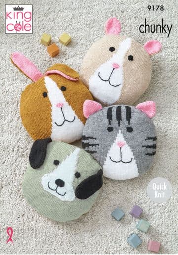 King Cole Chunky Knitting Pattern - 9178 Knitted Animal Cushion Covers