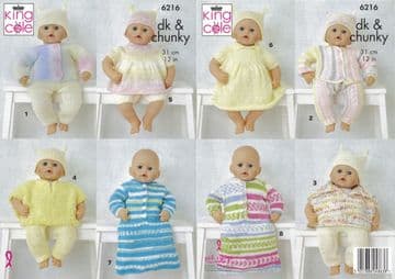 King Cole DK & Chunky Knitting Pattern - 6216 Dolls Clothes