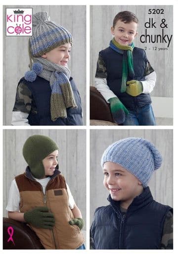King Cole DK & Chunky Knitting Patterns - 5202 Boy's Hats, Scarves, Gloves & Mittens