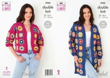 King Cole DK Crochet Pattern - 5943 Long Cardigan & Cropped 1/2 Sleeve Cardigan