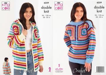 King Cole DK Crochet Pattern - 6259 Ladies Granny Square Sweater & Hooded Coat (2 Designs)