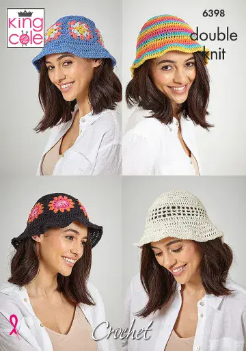 King Cole DK Crochet Pattern - 6398 Ladies Bucket Hats (4 Designs)