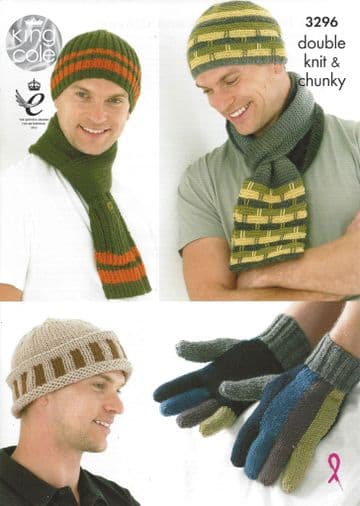 King Cole DK Knitting Pattern - 3296 Mens Hats, Gloves & Scarves (Chunky)