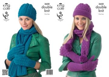 King Cole DK Knitting Pattern - 3650 Ladies Hat, Scarves & Gloves