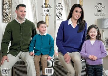 King Cole DK Knitting Pattern - 3756 Adult & Children Sweaters & Cardigans