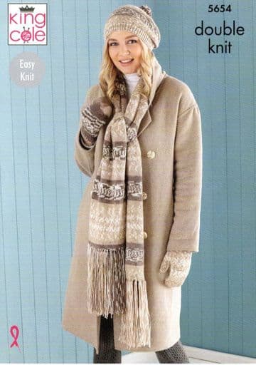 King Cole DK Knitting Pattern - 5654 Scarf, Hats, Wristwarmers, Mitts, Snood