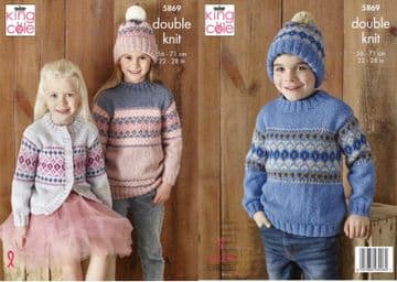 King Cole DK Knitting Pattern - 5869 Sweaters, Cardigan & Hat