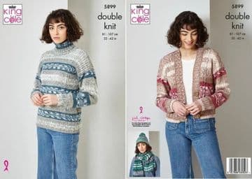 King Cole DK Knitting Pattern - 5899 Ladies Sweater, Cardigan, Hat & Scarf (4 Designs)