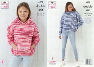 King Cole DK Knitting Pattern - 6078 Sweater & Hoodie
