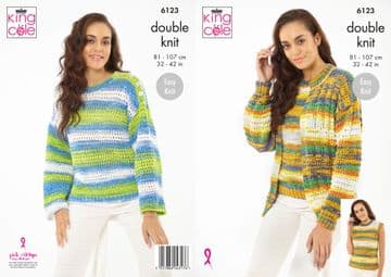 King Cole DK Knitting Pattern - 6123 Sweater, Top & Cardigan (Twin Set)