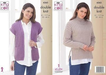King Cole DK Knitting Pattern - 6262 Ladies Waistcoat & Sweater