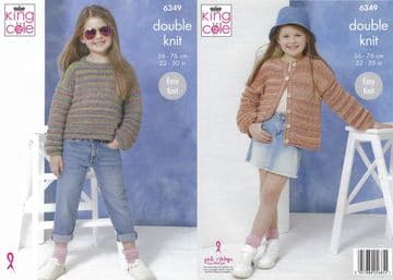 King Cole DK Knitting Pattern - 6349 Girls Sweater & Cardigan (2 Designs)