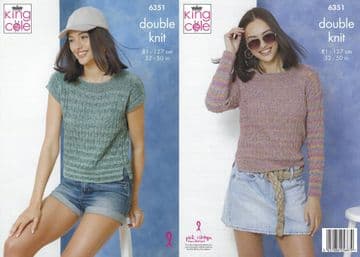 King Cole DK Knitting Pattern - 6351 Ladies Summer Top & Sweater (2 Designs)