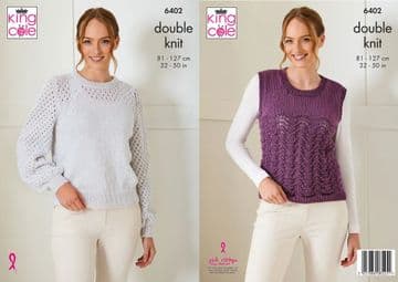 King Cole DK Knitting Pattern - 6402 Ladies Sweater & Slipover ( 32 - 50 ins)