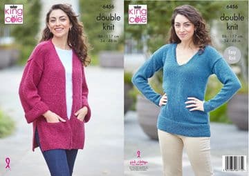 King Cole DK Knitting Pattern - 6456 Ladies Sweater & Cardigan (2 Designs)