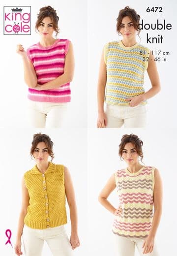 King Cole DK Knitting Pattern - 6472 Ladies Sleeveless Summer Tops (4 Designs)