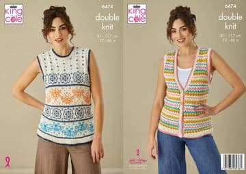 King Cole DK Knitting Pattern - 6474 Ladies Tank Top & Waistcoat (2 Designs)
