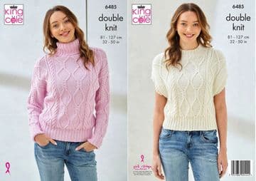 King Cole DK Knitting Pattern - 6485 Ladies Sweater & Short Sleeved Top (2 Designs)