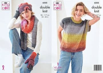 King Cole DK Knitting Pattern - 6505 Ladies Vest Top, Gloves, Hat & Scarf (4 Designs)