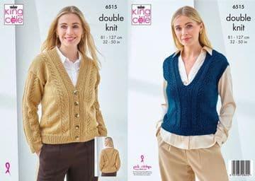 King Cole DK Knitting Pattern - 6515 Ladies Cardigan & Tank Top (2 Designs)