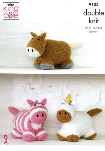 King Cole DK Knitting Pattern - 9103 Horse, Unicorn & Zebra