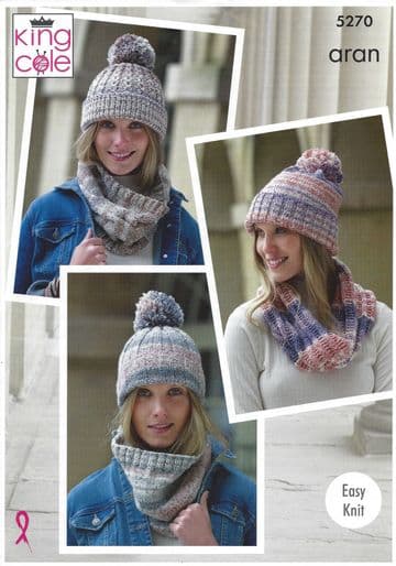 King Cole Drifter Aran - 5270 Snoods & Hats Knitting Pattern