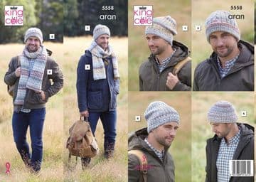 King Cole Drifter Aran - 5558 Hats & Scarves Knitting Pattern