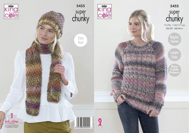 King Cole Explorer Super Chunky Knitting Pattern - 5455 Sweater, Hat & Scarf