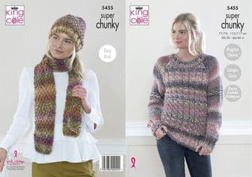 King Cole Explorer Super Chunky Knitting Pattern - 5455 Sweater, Hat & Scarf