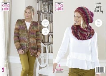 King Cole Explorer Super Chunky Knitting Pattern - 5457 Cardigan, Hat & Cowl