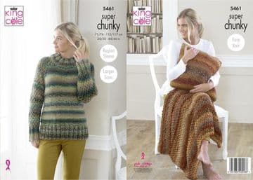 King Cole Explorer Super Chunky Knitting Pattern - 5461 Sweater, Cushion & Throw