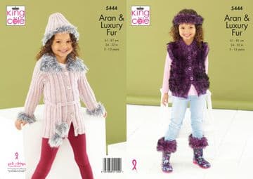 King Cole Luxury Fur & Aran Knitting Pattern - 5444 Jacket, Gilet, Boot Toppers, Hat & Headband