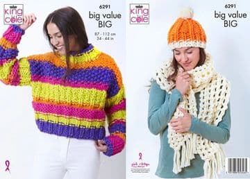 King Cole Mega Chunky Knitting Pattern - 6291 Ladies Sweater, Scarf & Hat