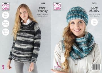 King Cole Quartz Super Chunky Knitting Pattern - 5639 Sweater, Hat & Snood