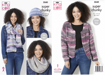 King Cole Quartz Super Chunky Knitting Pattern - 5840 Ladies Jacket & Accessories