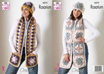 King Cole Rosarium Mega Chunky Crochet Pattern - 6275 Ladies Hat, Headband & Scarves (4 Designs)