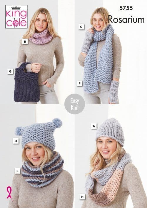 King Cole Rosarium Mega Chunky  Knitting Pattern - 5755 Hats, Snoods, Wristwarmers, Scarf & Bag