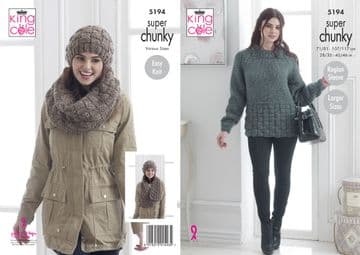 King Cole Super Chunky Knitting Pattern - 5194 Sweater, Hat, Scarf & Snood