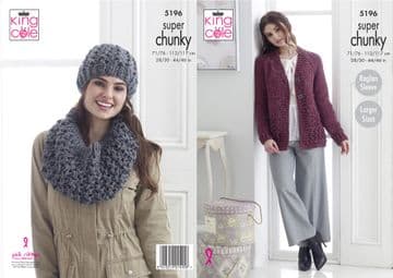 King Cole Super Chunky Knitting Pattern - 5196 Jacket, Hat & Cowl