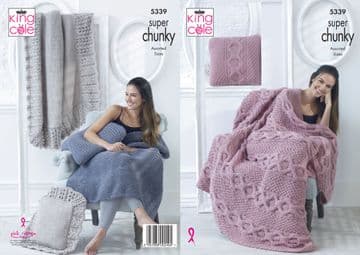 King Cole Super Chunky Knitting Pattern - 5339 Blanket & Cushions