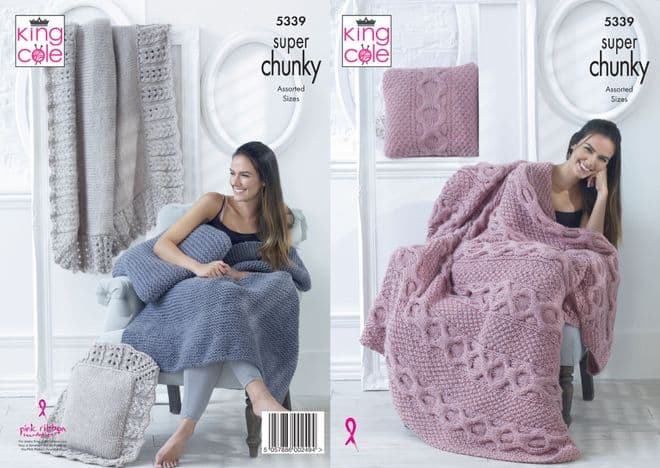 King Cole Super Chunky Knitting Pattern - 5339 Blanket & Cushions