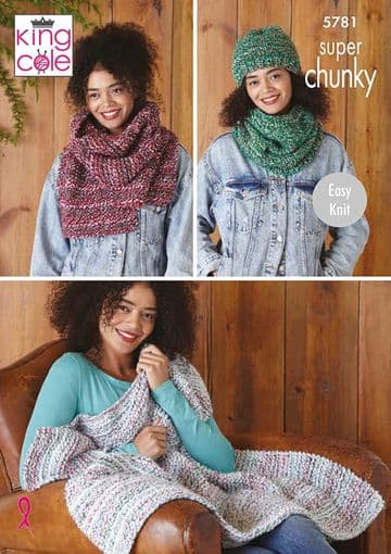 King Cole Super Chunky Knitting Pattern - 5781 Snood, Hat, Scarf & Throw